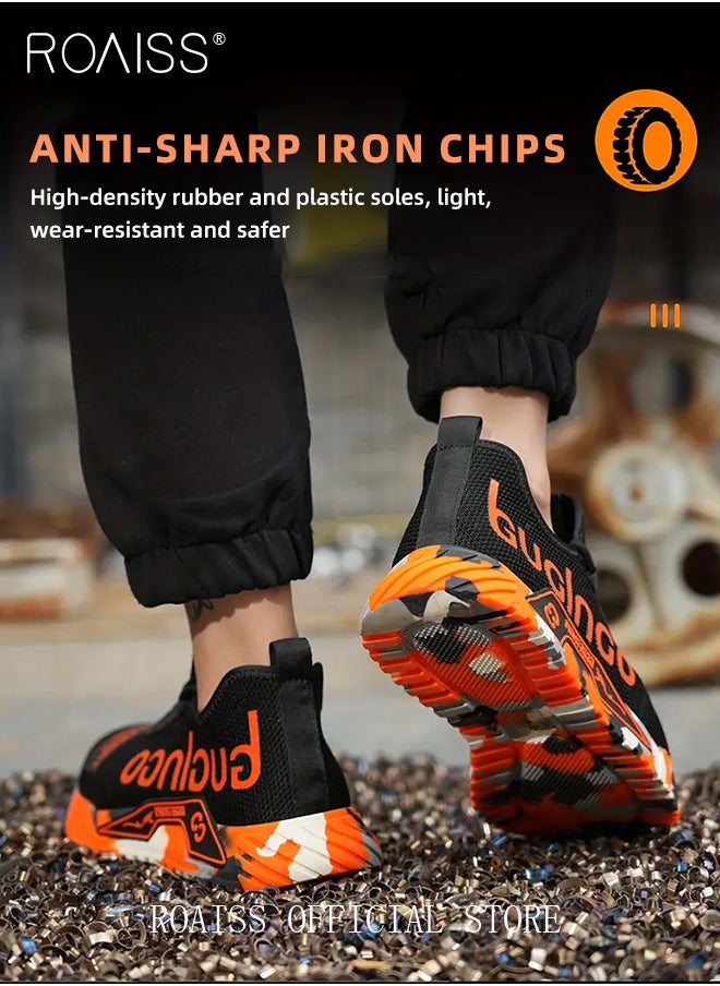 Stylish Labor Protection Shoes for Men Fly Woven Steel Toe Work Safety Shoes Anti Slip Wearresistant Thick Sole Sneakers Moisture Absorbent Breathable Non Stuffy Sports Shoes Colorblock Sneakers