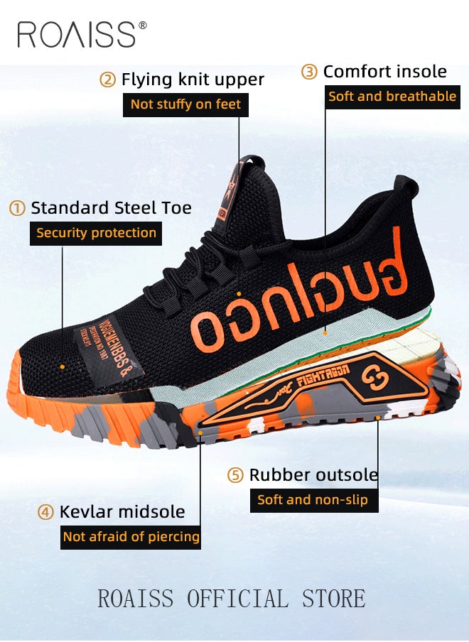 Stylish Labor Protection Shoes for Men Fly Woven Steel Toe Work Safety Shoes Anti Slip Wearresistant Thick Sole Sneakers Moisture Absorbent Breathable Non Stuffy Sports Shoes Colorblock Sneakers