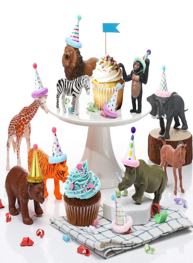 Colingmill 18 Pcs Jungle Animal Birthday Party Decorations Mini Birthday Hat Animal Figure Model Cake Toppers with Mini Hat for Birthday Party, Wild Animals Themed Party - Image 1