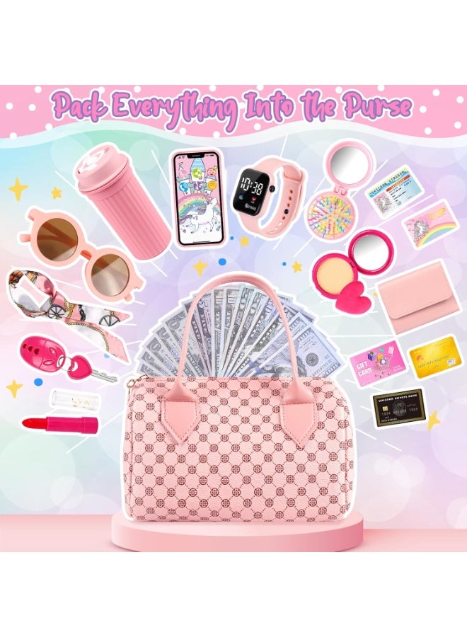 Taizz Ventures 32Pcs Play Purse for Little Girls – Toddler Purse Set with Pretend Makeup, Princess Toys Handbag, Toy Phone, Wristwatch, Silk Scarf, Sunglasses and Accessories – Birthday Gift Toys for Girls Ages 3 4 5, Pink - Image 3
