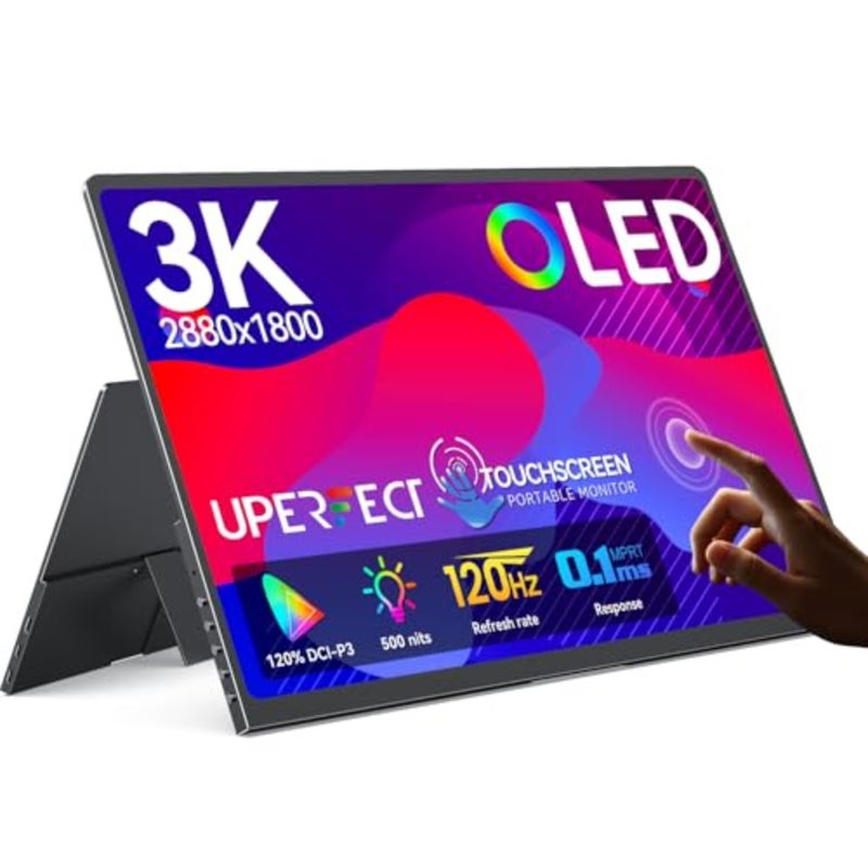 Touchscreen OLED Portable Monitor, 3K 2880x1800 120Hz 0.1ms Portable Gaming Monitor, 500 Nits 120 DCI-P3 500000:1 Ultra-Slim Design for Laptop Mini PC Phone Game Consoles - Image 1