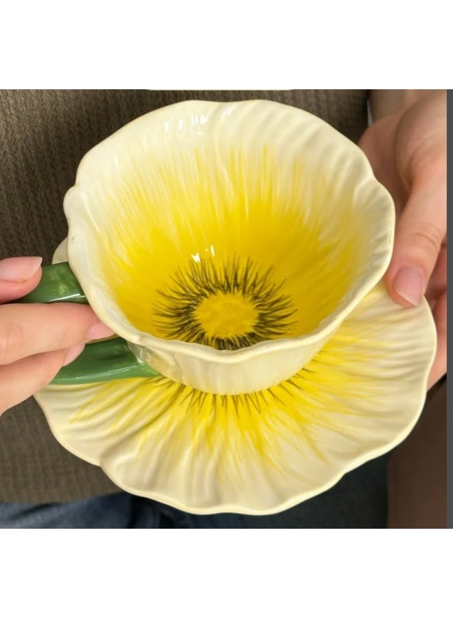 لاتين كوب قهوة سيراميك مزين بالزهور مع صحن، كوب قهوة مبتكر، كوب شاي سيراميك للقهوة، شاي الحليب، لاتيه، زبادي، 300 مل - Image 1