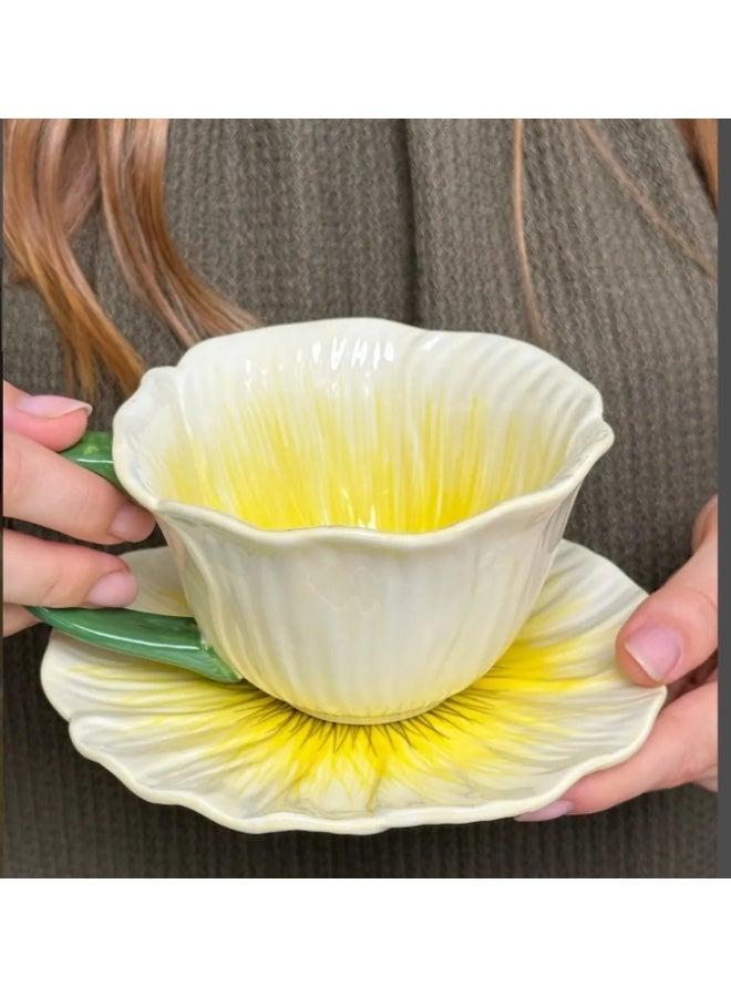 لاتين كوب قهوة سيراميك مزين بالزهور مع صحن، كوب قهوة مبتكر، كوب شاي سيراميك للقهوة، شاي الحليب، لاتيه، زبادي، 300 مل - Image 2