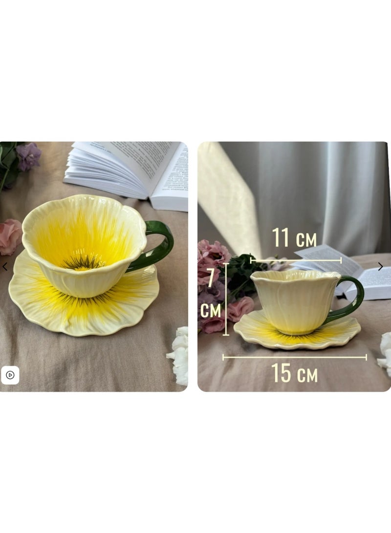 لاتين كوب قهوة سيراميك مزين بالزهور مع صحن، كوب قهوة مبتكر، كوب شاي سيراميك للقهوة، شاي الحليب، لاتيه، زبادي، 300 مل - Image 4