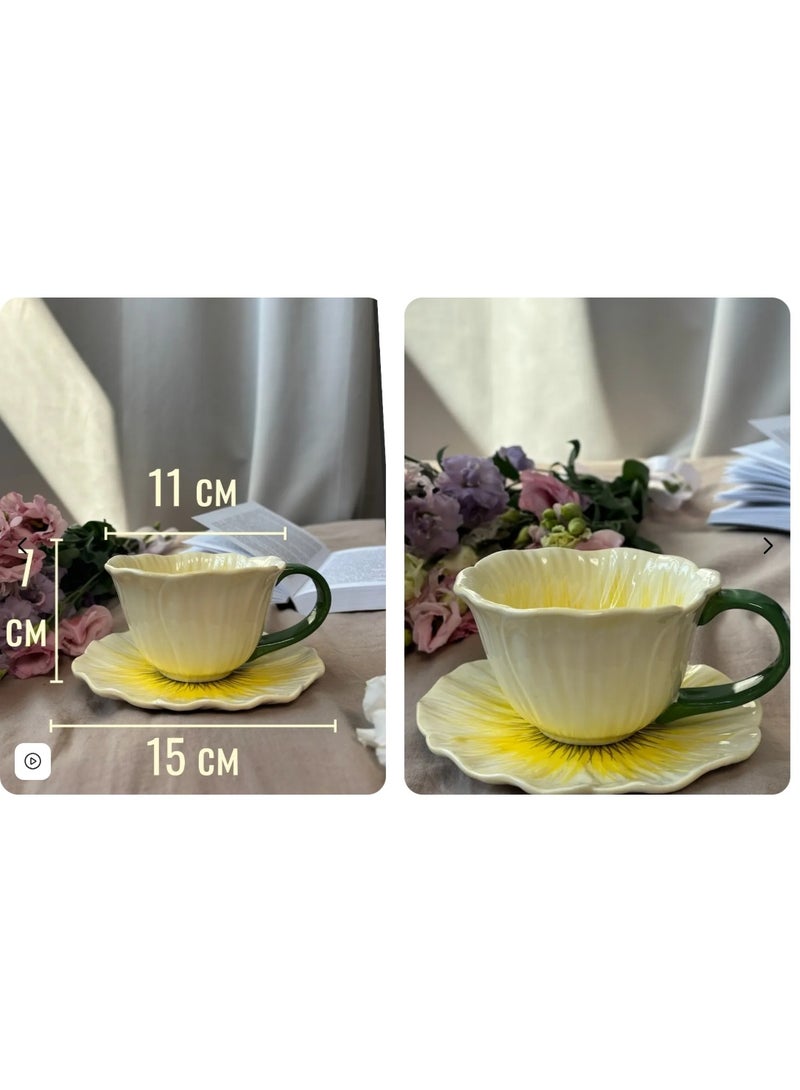 لاتين كوب قهوة سيراميك مزين بالزهور مع صحن، كوب قهوة مبتكر، كوب شاي سيراميك للقهوة، شاي الحليب، لاتيه، زبادي، 300 مل - Image 3