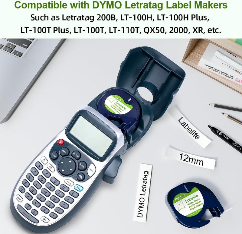 Labelife Replace for DYMO Label Maker Refills LetraTag White Paper 91330 10697 LT Refill Tape for DYMO Letra Tag LT 100H LT-100T Plus 200B QX50 Labeler, 12mm x 4m 1/2'' x 13', 6-Pack - Image 2