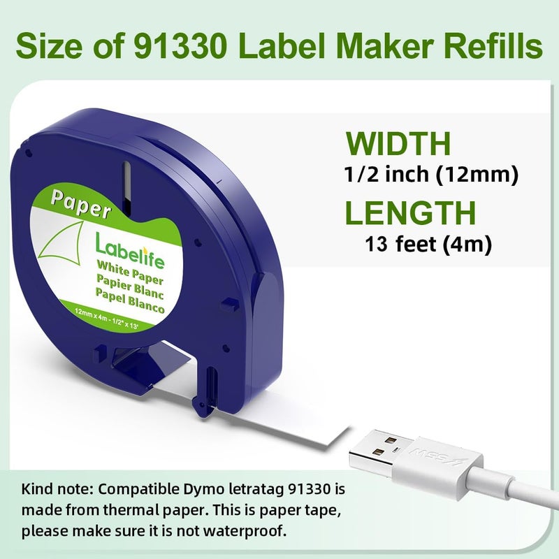Labelife Replace for DYMO Label Maker Refills LetraTag White Paper 91330 10697 LT Refill Tape for DYMO Letra Tag LT 100H LT-100T Plus 200B QX50 Labeler, 12mm x 4m 1/2'' x 13', 6-Pack - Image 3
