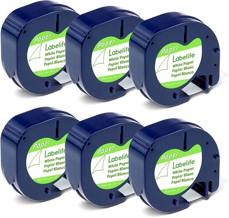 Labelife Replace for DYMO Label Maker Refills LetraTag White Paper 91330 10697 LT Refill Tape for DYMO Letra Tag LT 100H LT-100T Plus 200B QX50 Labeler, 12mm x 4m 1/2'' x 13', 6-Pack - Image 1
