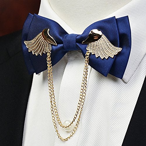 Manoble Men’s Tuxedo Adjustable Metal Gold Wings Two Layer Neck Bowtie Bow Tie (Navy Blue) - Image 2
