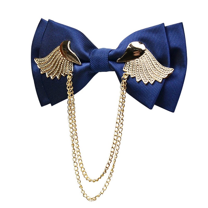 Manoble Men’s Tuxedo Adjustable Metal Gold Wings Two Layer Neck Bowtie Bow Tie (Navy Blue) - Image 5