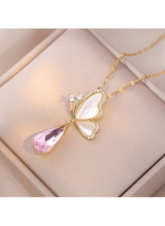 An elegant golden stainless steel necklace with a butterfly design, embellished with a pink teardrop-shaped crystal, sparkling stones, and a golden frame. A delicate piece that adds a touch of femininity and beauty, perfect for adding elegance to your look.
