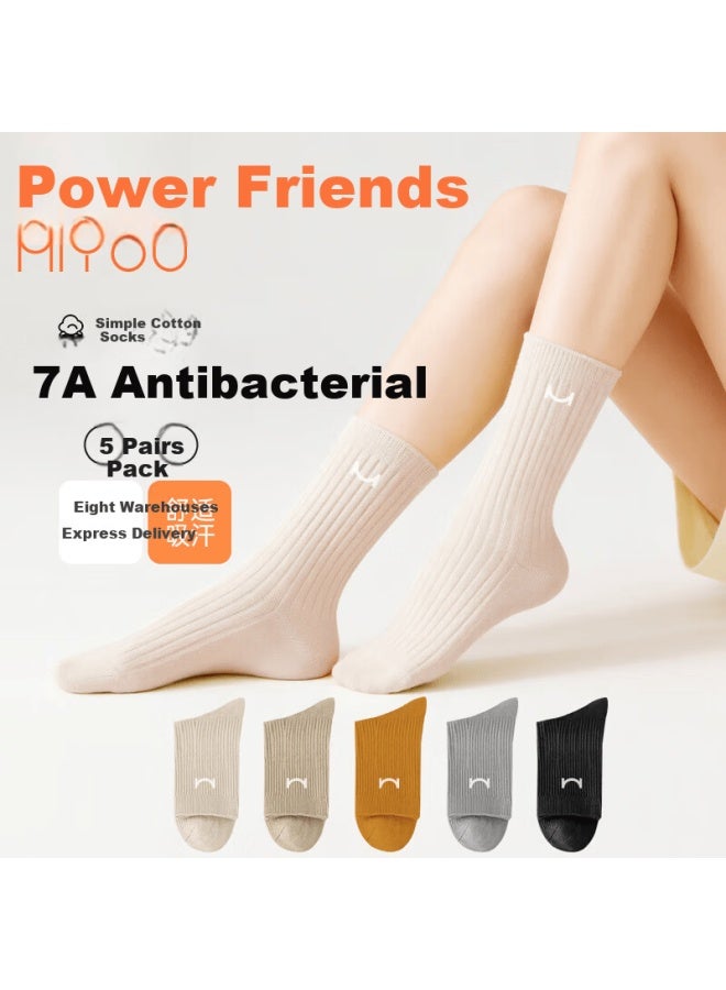 Miyou Women's Mid-calf Cotton Socks, 7a Antibacterial, Spring And Summer Casual Socks, 5 Pairs - Image 1