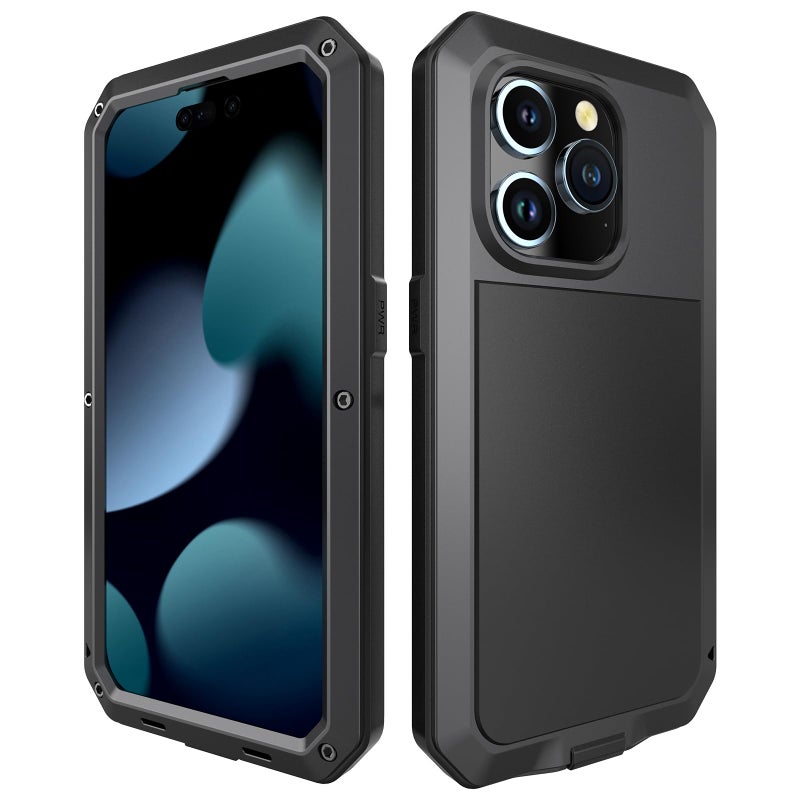 Marrkey Compatiable with iPhone 15 Pro Max Case,360 Full Body Protective Cover Heavy Duty Shockproof Tough Armour Aluminum Alloy Metal Case with Silicone Built-in Screen Protector - Black - Image 2