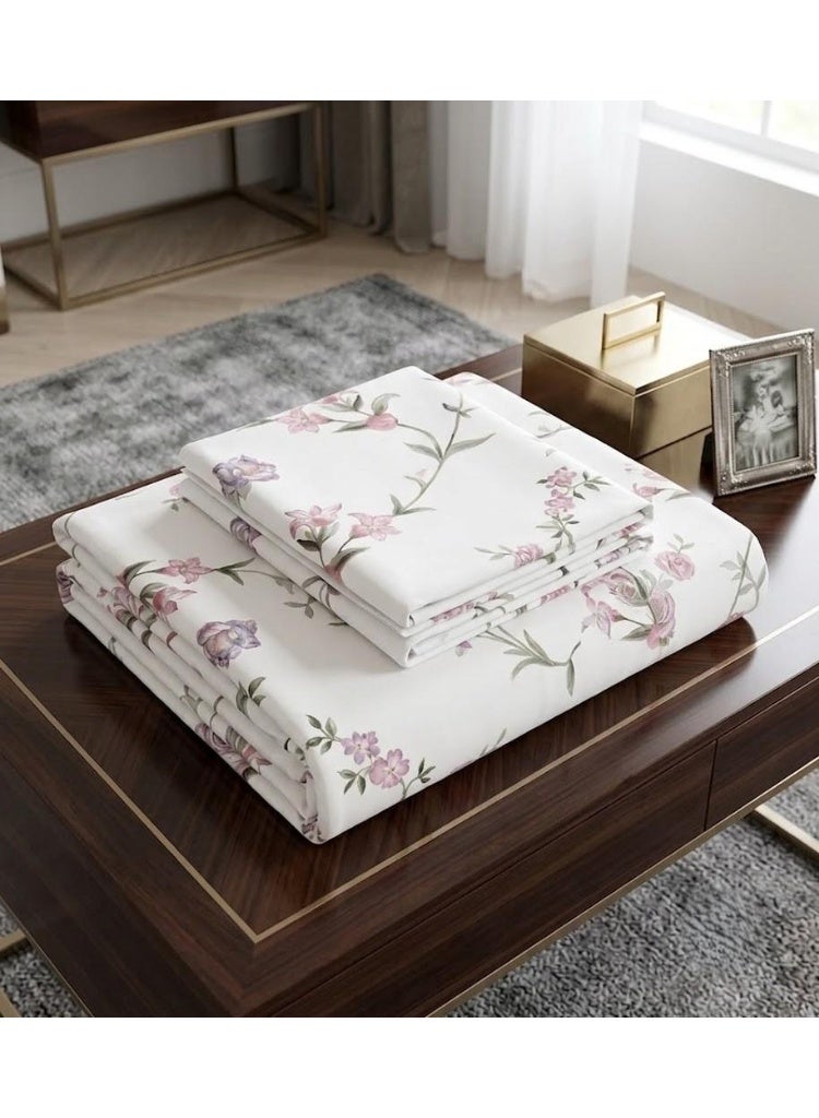 Luxurious 150 GSM Microfiber King Flat Sheet Set (3-Piece) - White with Pink & Mauve Rose Vines, 270x250 CM - Image 3