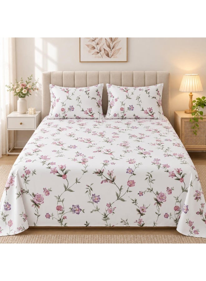 Luxurious 150 GSM Microfiber King Flat Sheet Set (3-Piece) - White with Pink & Mauve Rose Vines, 270x250 CM - Image 1