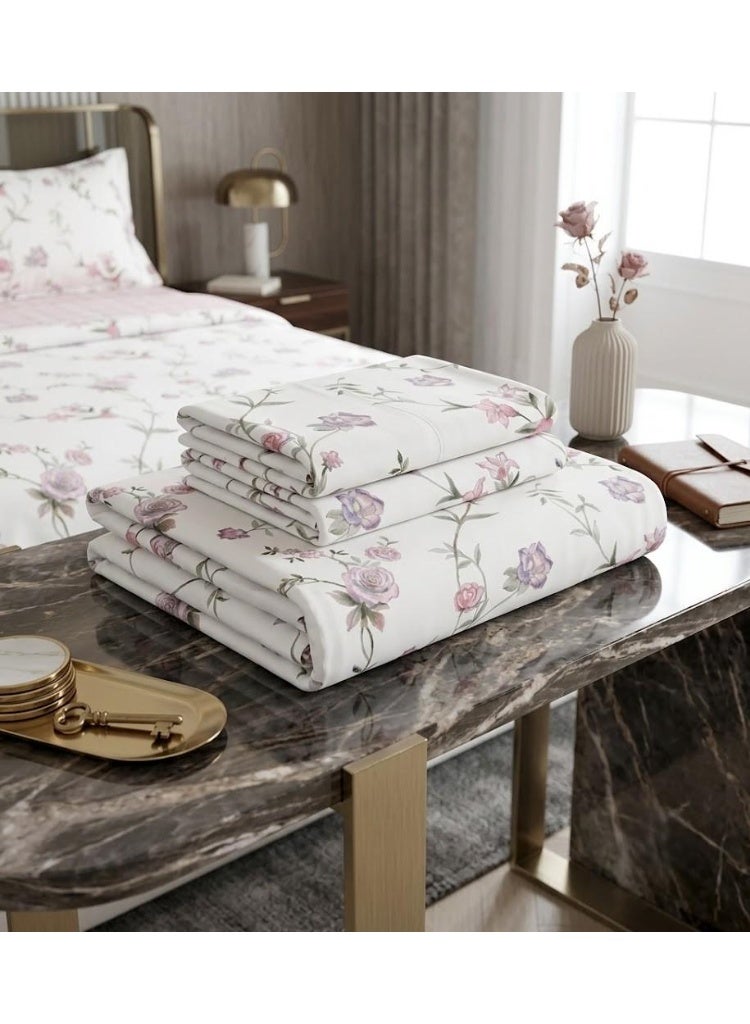 Luxurious 150 GSM Microfiber King Flat Sheet Set (3-Piece) - White with Pink & Mauve Rose Vines, 270x250 CM - Image 2
