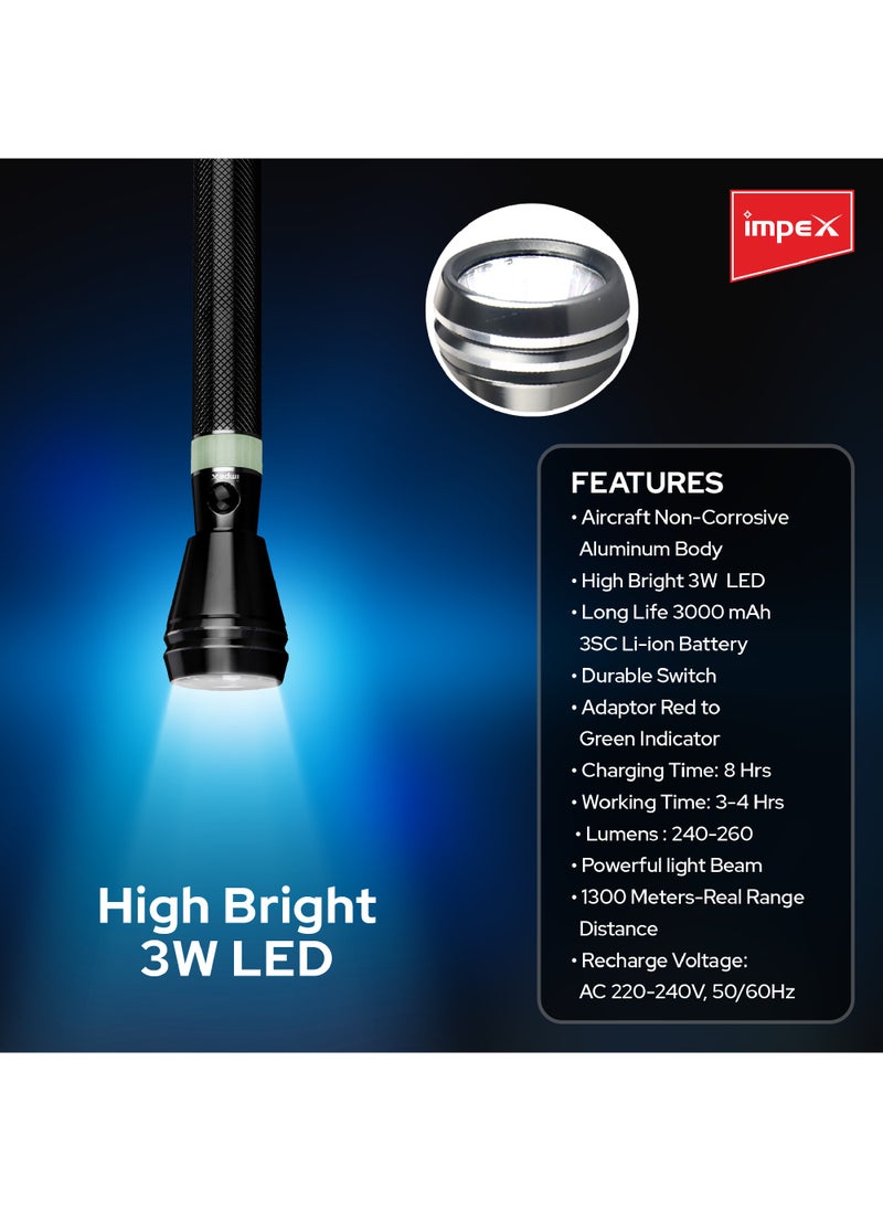 Impex - Torch 3SC Rechargeable LED Flashlight - Aircraft Non-Corrosive Aluminum Body | 3W Cree LED | 3000mAh Lithium Battery | 300m Beam Range | 8-Hour Charging | 4-8 Hours Working Time | 140-160 Lumens - Image 1