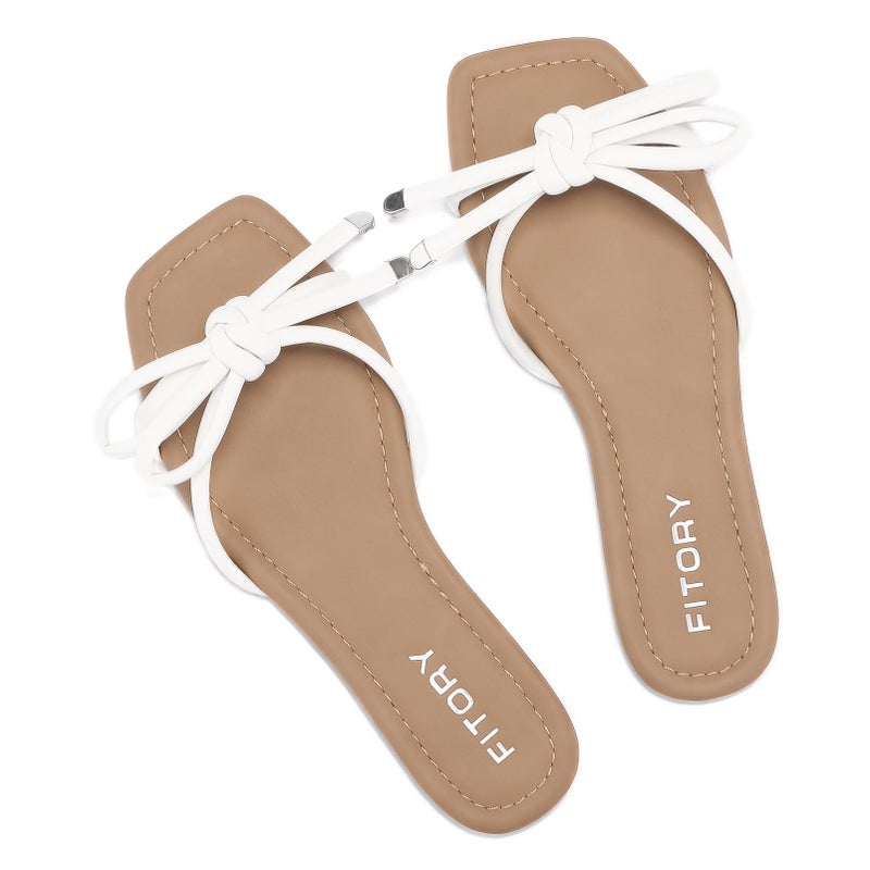 FITORY Women's Flat Sandals Square Open Toe Thong with Cute Knot for Summer Size 8 White - Image 1
