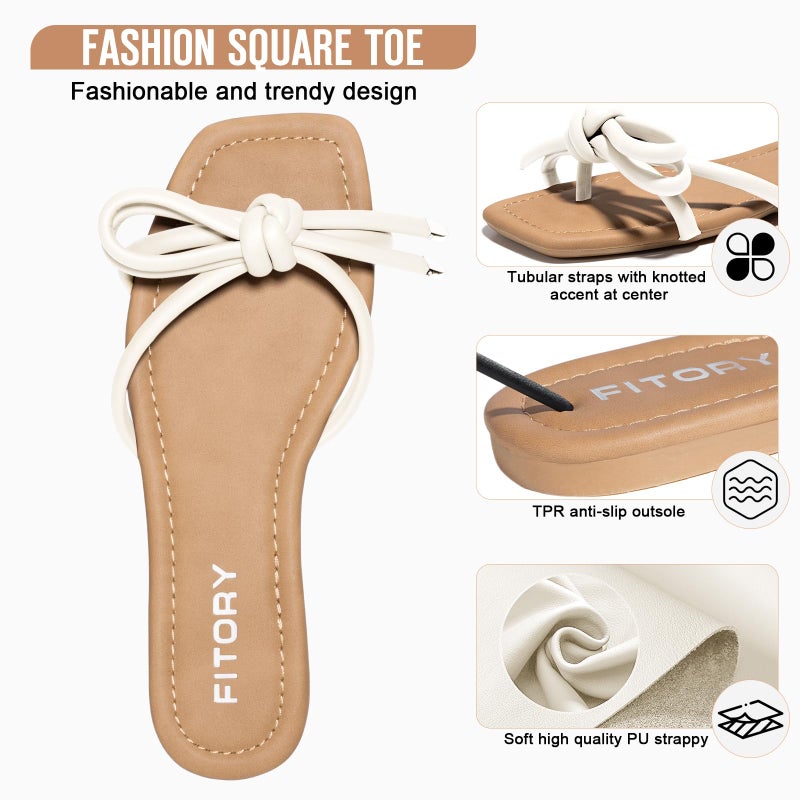 FITORY Women's Flat Sandals Square Open Toe Thong with Cute Knot for Summer Size 8 White - Image 4