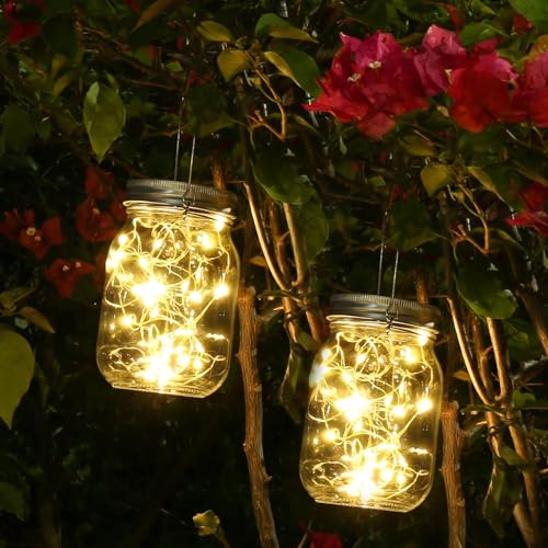 Litverse Hanging Solar Mason Jar Light, 20LEDs with Jar and Hanger, IP65 Waterproof Decorative Solar Lantern Table Light for Outdoor Lawn Home Garden Yard Patio Decor, Warm White - Pack 1 - Image 1