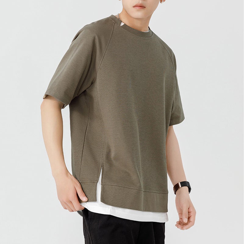 Summer heavy solid color fake two-piece short sleeve T-shirt men's retro fashion brand all-match loose casual men's half sleeve top