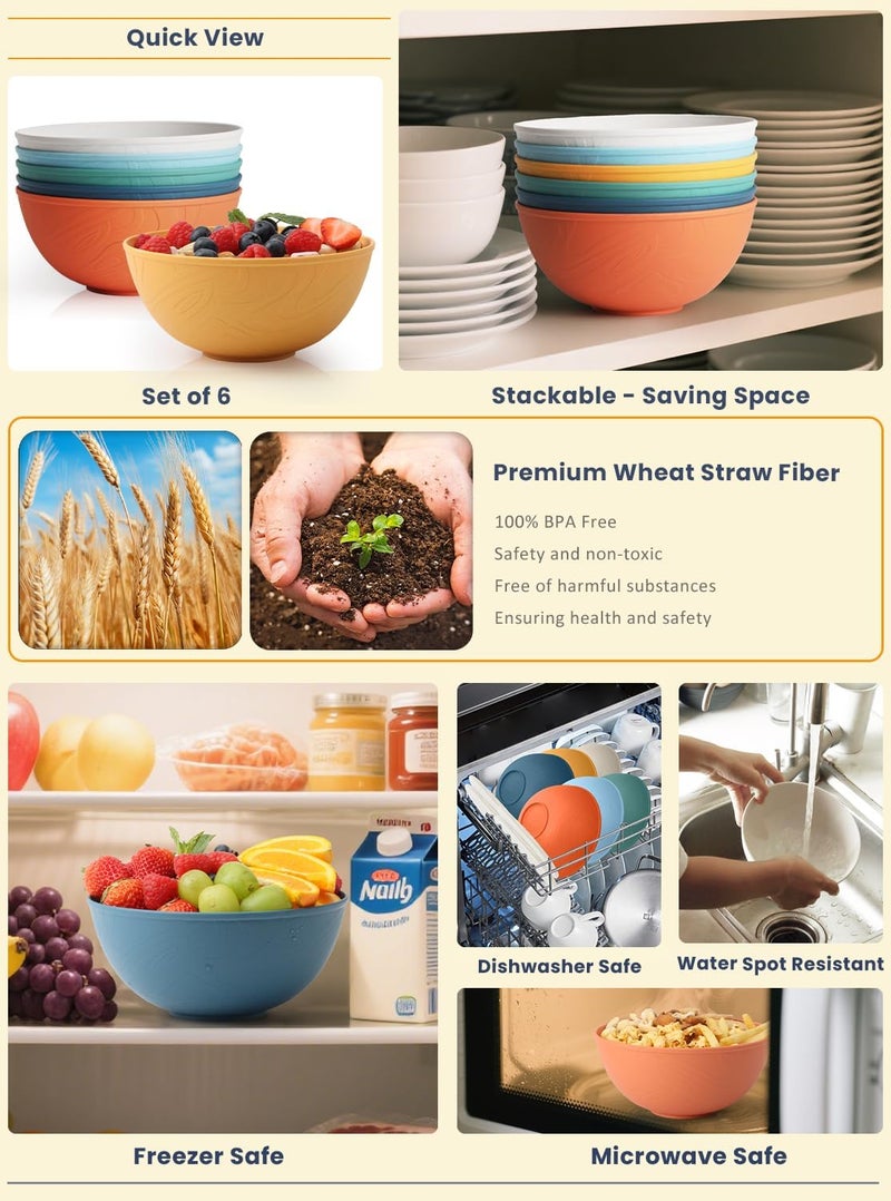 Homienly Premium Wheat Straw Bowls 40 OZ Cereal Bowl Set of 6 Unbreakable Salad Bowl with Unique Texture Design Alternative to Plastic Bowls for Kitchen Serving Decoration  Multi - Image 4