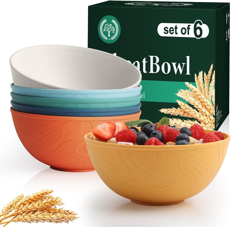 Homienly Premium Wheat Straw Bowls 40 OZ Cereal Bowl Set of 6 Unbreakable Salad Bowl with Unique Texture Design Alternative to Plastic Bowls for Kitchen Serving Decoration  Multi - Image 1