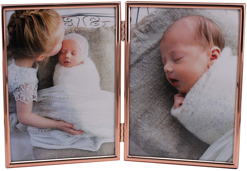 LEADEX Concise Hinged Double Picture Frame Silver PlatedStanding Vertical5 by 7 InchBest For Home Or Office Table Decor rose gold