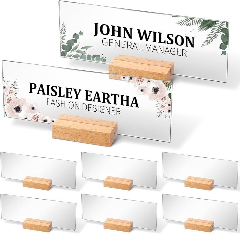 Memorywuu 6 Set Personalized Acrylic Custom Name Plate for Desk 2.95×8 Inch with Wooden Base Desk Tags for Employee Appreciation Gifts Coworkers Wedding Place Cards Home Office(Original Wood Color) - Image 1