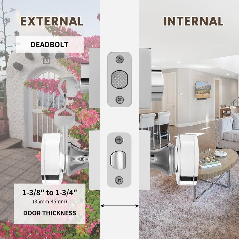 Newliplace Glass Door Knob With Single Cylinder Deadbolt Lockset, Exterior Crystal Door Knob With Deadbolt, Polished Chrome Front Door Lock Set, Crystal Front Door Handle And Deadbolt Set - Image 2