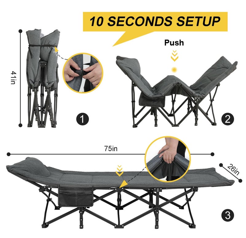 ATORPOK Camping Cot for Adults with Cushion and Pillow, Portable Folding Bed for Sleeping, Lightweight Tent cot with Carry Bag Supports 450 lbs (Grey) - Image 5