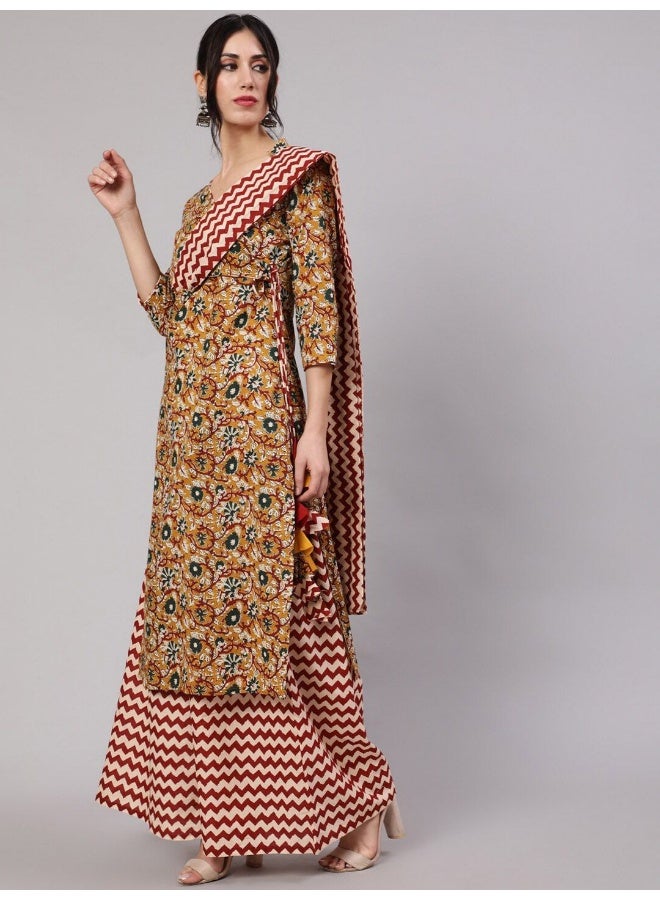 AKS AKS Floral Printed Regular Pure Cotton Kurta With Skirt & Attached Dupatta  - Image 5