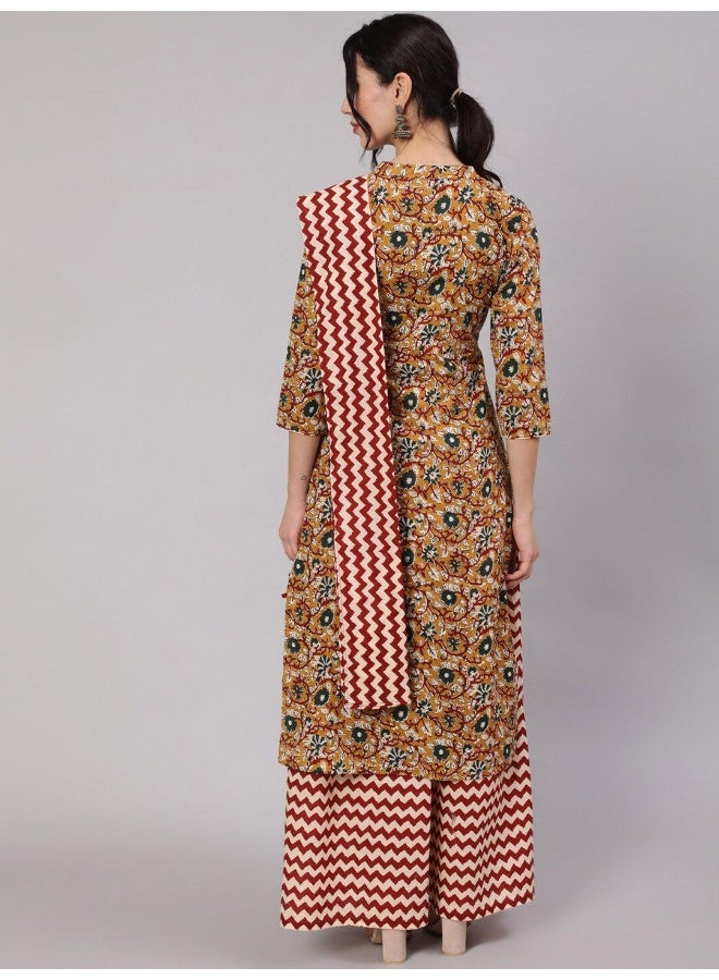 AKS AKS Floral Printed Regular Pure Cotton Kurta With Skirt & Attached Dupatta  - Image 4