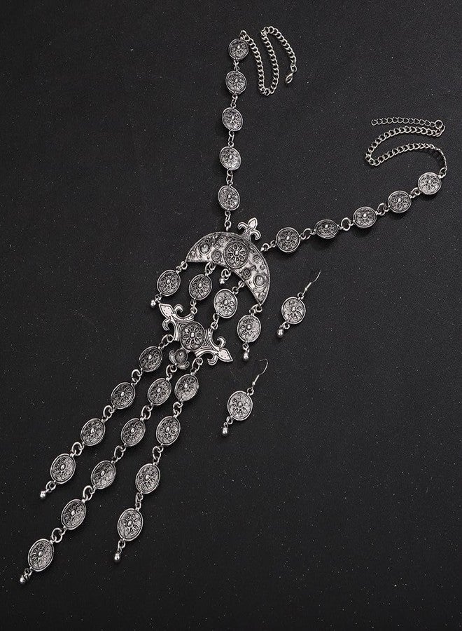 Wiwpar 2PCS Vintage Boho Carved Coin Necklace Ethnic Long Coin Pendant Necklace Bib Necklace Chunky Necklace Bib Festival Halloween Carnival Jewelry Costume Necklace for Women (Silver) - Image 5