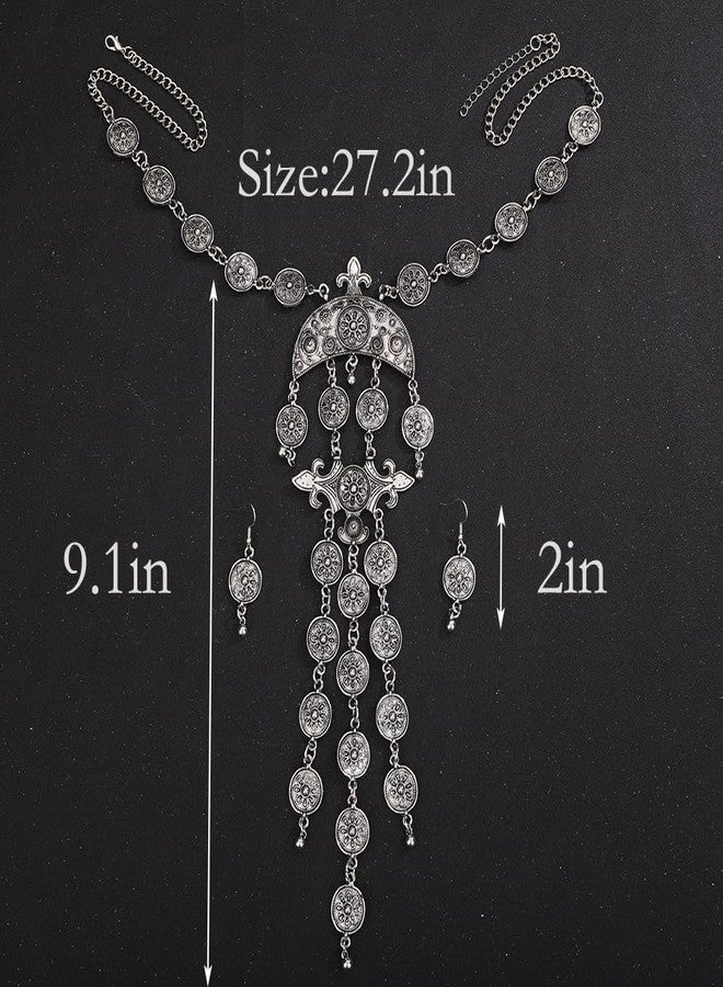 Wiwpar 2PCS Vintage Boho Carved Coin Necklace Ethnic Long Coin Pendant Necklace Bib Necklace Chunky Necklace Bib Festival Halloween Carnival Jewelry Costume Necklace for Women (Silver) - Image 4