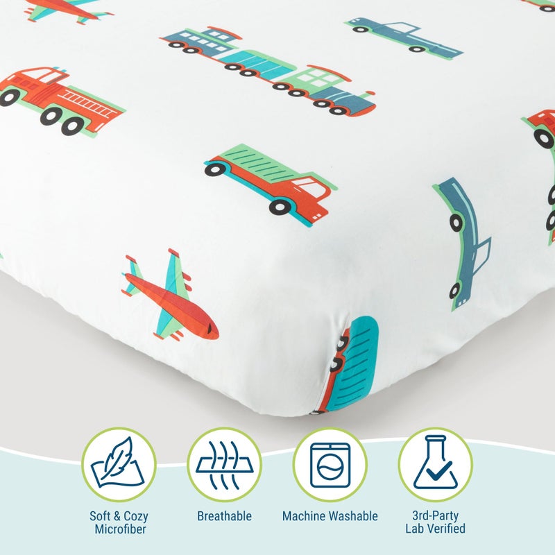 Wildkin Toddler Sheet Set - Soft Microfiber, Fitted & Top Sheet, Pillowcase - Trains, Planes, and Trucks - Image 3