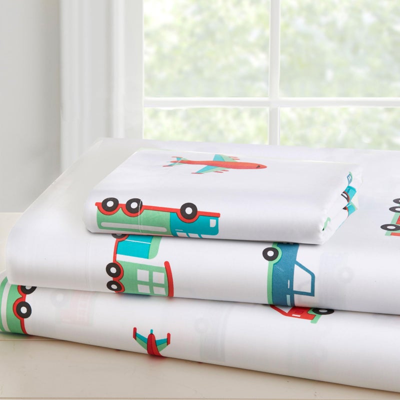 Wildkin Toddler Sheet Set - Soft Microfiber, Fitted & Top Sheet, Pillowcase - Trains, Planes, and Trucks - Image 1