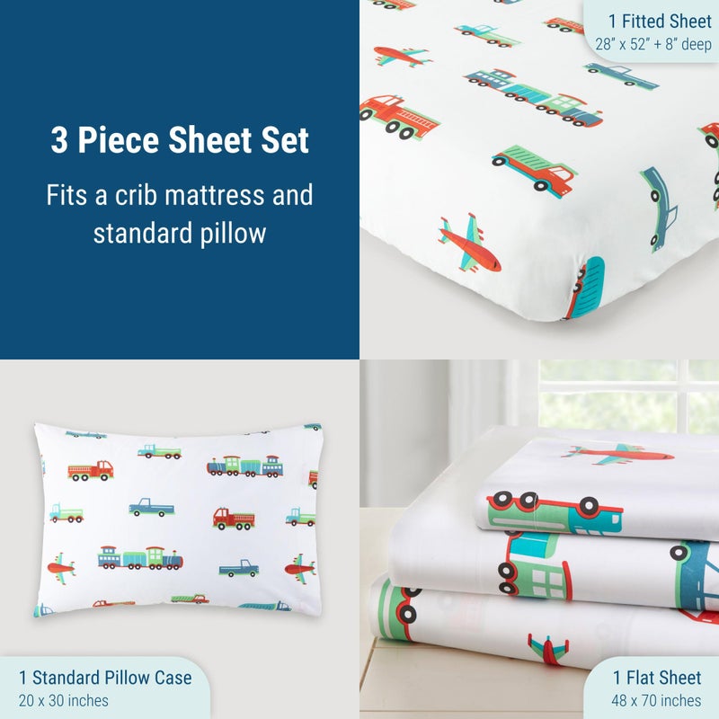 Wildkin Toddler Sheet Set - Soft Microfiber, Fitted & Top Sheet, Pillowcase - Trains, Planes, and Trucks - Image 5