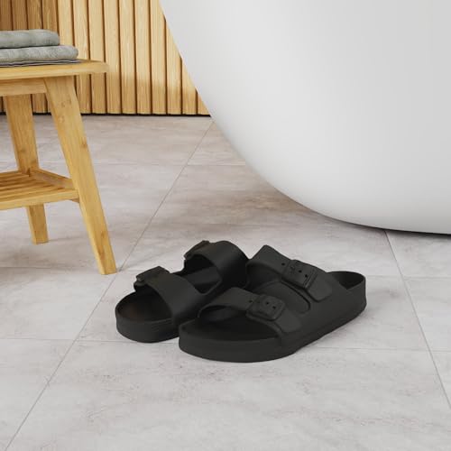FUNKYMONKEY Men's Comfort Slides Double Buckle Adjustable EVA Flat Sandals (9 M US, Black/SPK) - Image 2
