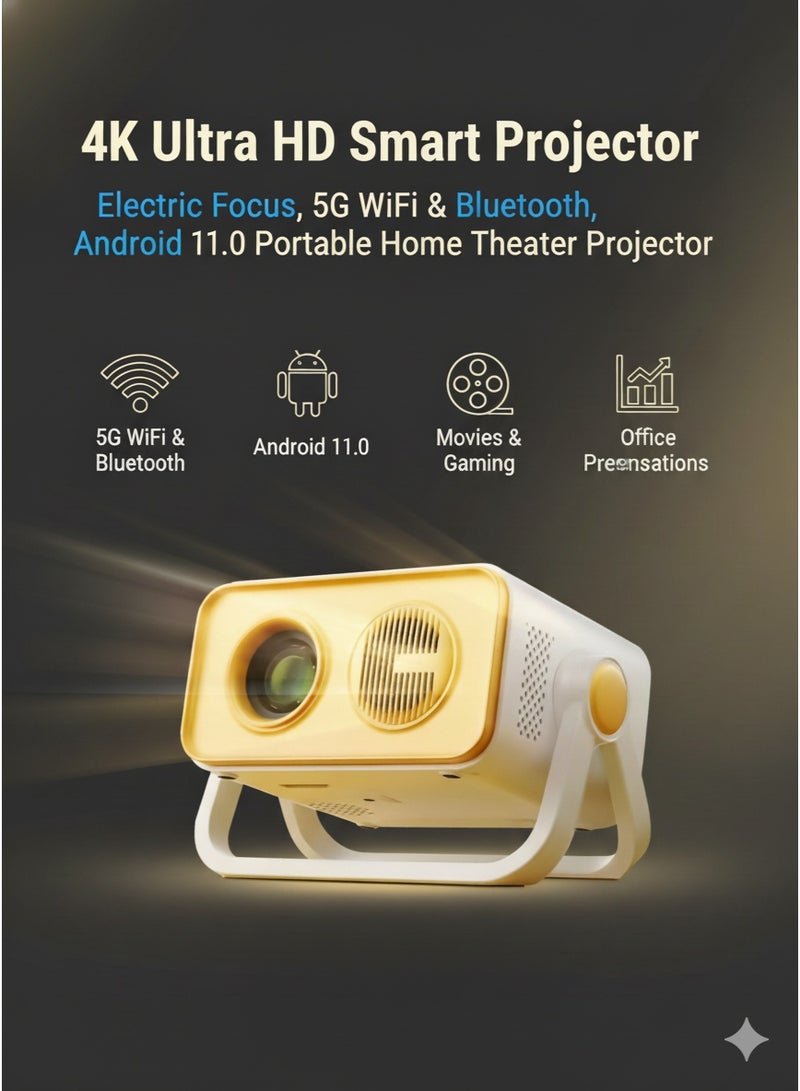 Smartberry HT23 4K Ultra HD Smart Projector – Electric Focus, 5G WiFi & Bluetooth, Android 11.0 Portable Home Theater Projector for Movies, Gaming, Office Presentations & Meetings - Image 1