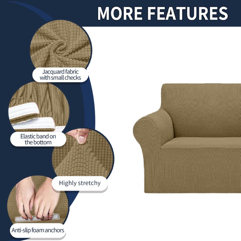 Cupuamon 2024 Newest Stretch Loveseat Sofa Slipcovers Couch Cover for 2 Cushion Furniture Protector Sofa Covers with Elastic Bottom Jacquard Fabric Small Checks for Pets  Kids - Tan - Image 4