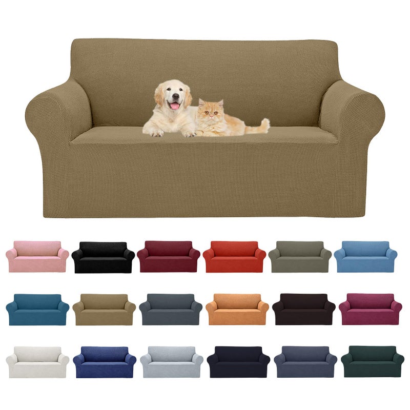 Cupuamon 2024 Newest Stretch Loveseat Sofa Slipcovers Couch Cover for 2 Cushion Furniture Protector Sofa Covers with Elastic Bottom Jacquard Fabric Small Checks for Pets  Kids - Tan - Image 1