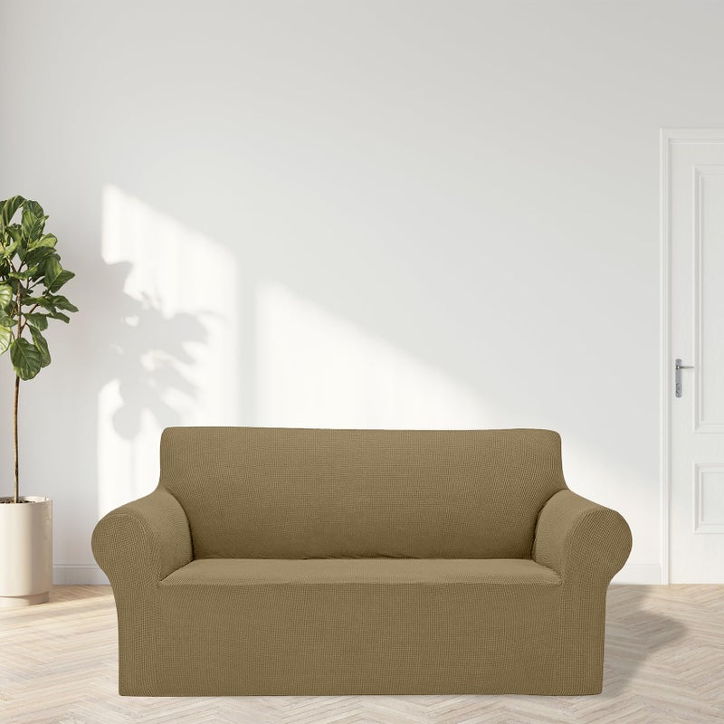 Cupuamon 2024 Newest Stretch Loveseat Sofa Slipcovers Couch Cover for 2 Cushion Furniture Protector Sofa Covers with Elastic Bottom Jacquard Fabric Small Checks for Pets  Kids - Tan - Image 3