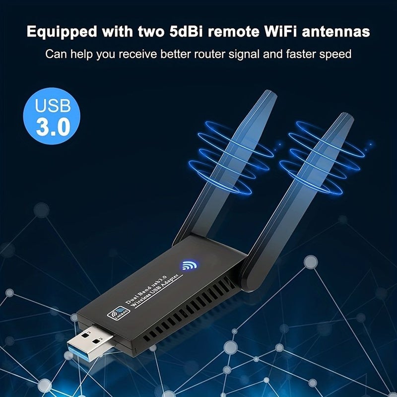 بطاقة شبكة لاسلكية Ac1300M USB مع استقبال WiFi تلقائي التثبيت، لون أسود - Image 3
