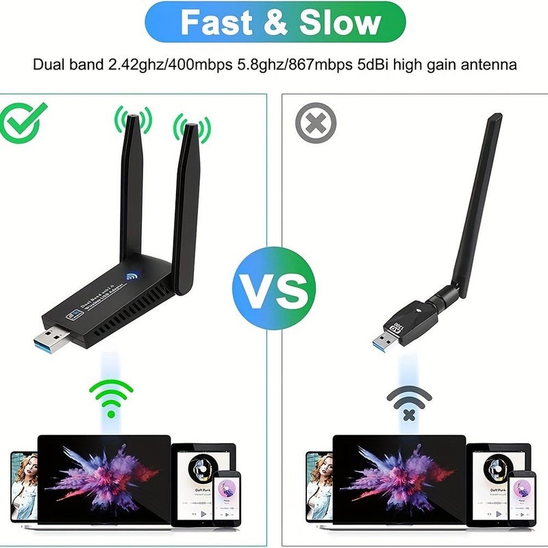 بطاقة شبكة لاسلكية Ac1300M USB مع استقبال WiFi تلقائي التثبيت، لون أسود - Image 4