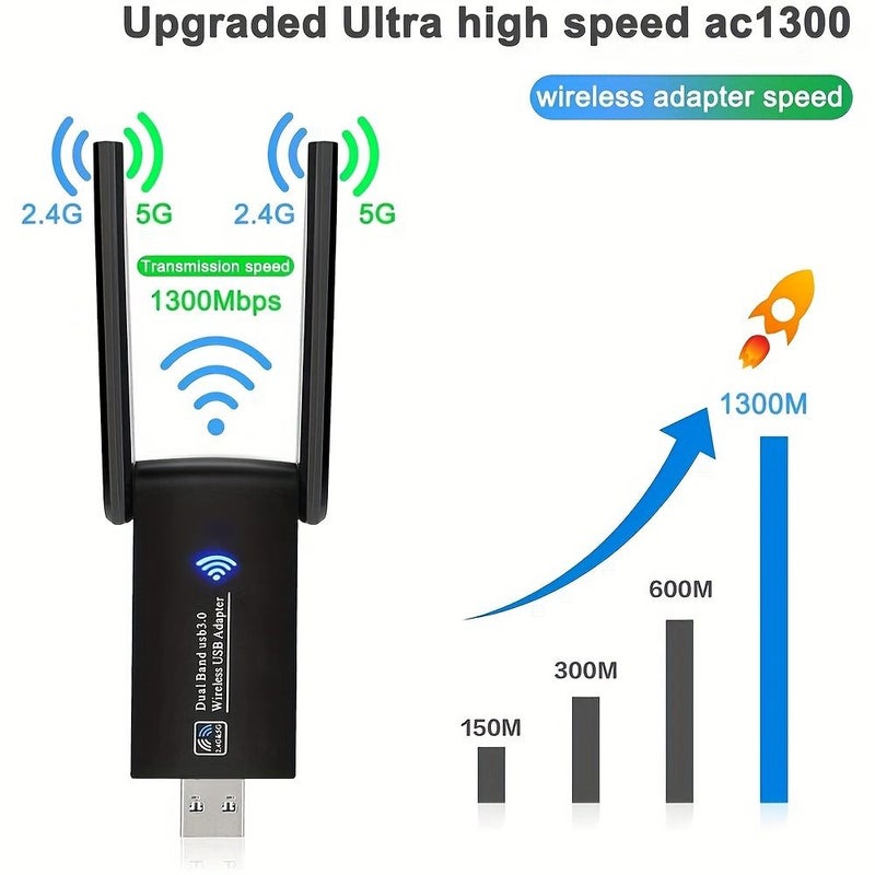 بطاقة شبكة لاسلكية Ac1300M USB مع استقبال WiFi تلقائي التثبيت، لون أسود - Image 5