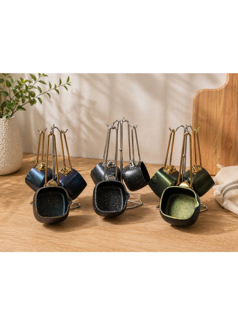 3-piece cookware set with a metal organizing stand, featuring a non-stick coating and heat-resistant handles. - Image 3