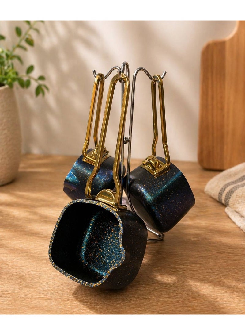 3-piece cookware set with a metal organizing stand, featuring a non-stick coating and heat-resistant handles. - Image 5