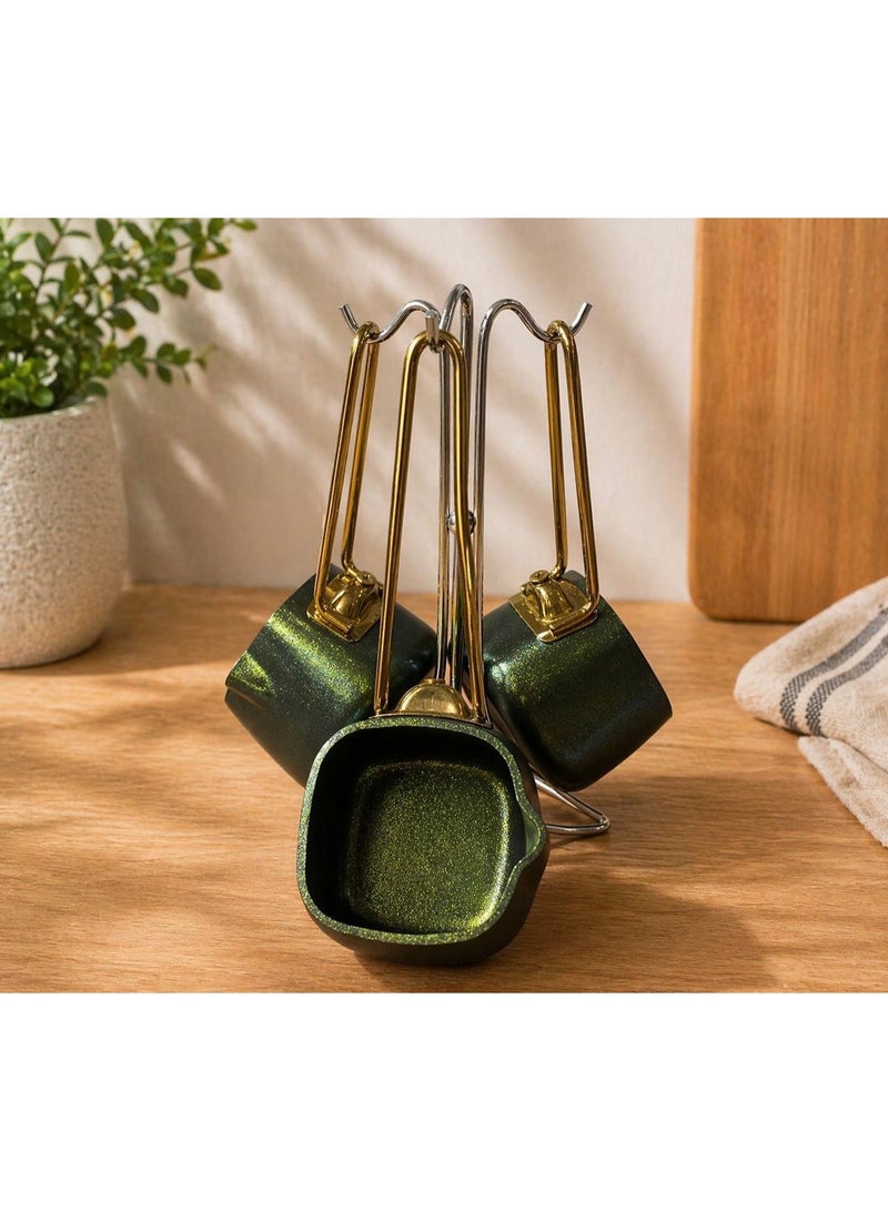 3-piece cookware set with a metal organizing stand, featuring a non-stick coating and heat-resistant handles. - Image 4