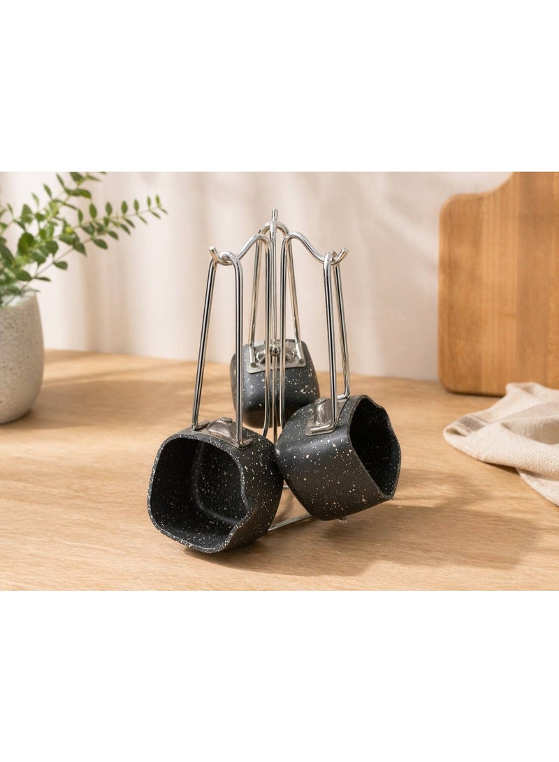 3-piece cookware set with a metal organizing stand, featuring a non-stick coating and heat-resistant handles. - Image 2